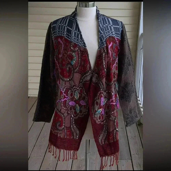 Soft Surroundings Juliette Fringe Kimono Size XS 100% Wool Mixed Media Boho - Picture 2 of 11